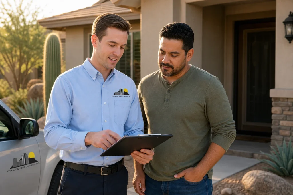 City Wide Pest Control technician discussing chain pest control contracts vs no-contract local service with a Phoenix homeowner