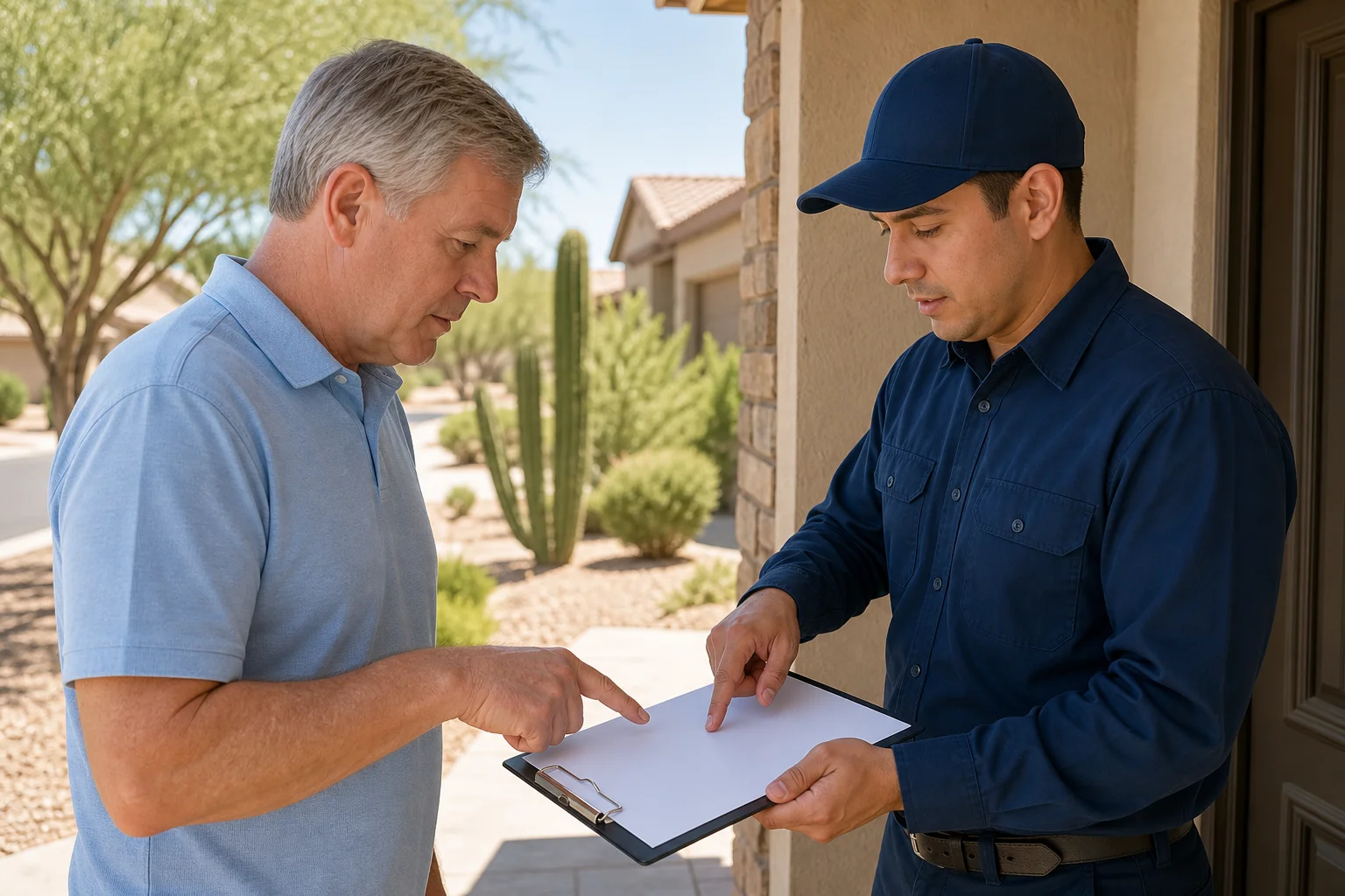 A Phoenix homeowner and a local pest control technician reviewing a no-contract service agreement on a residential porch