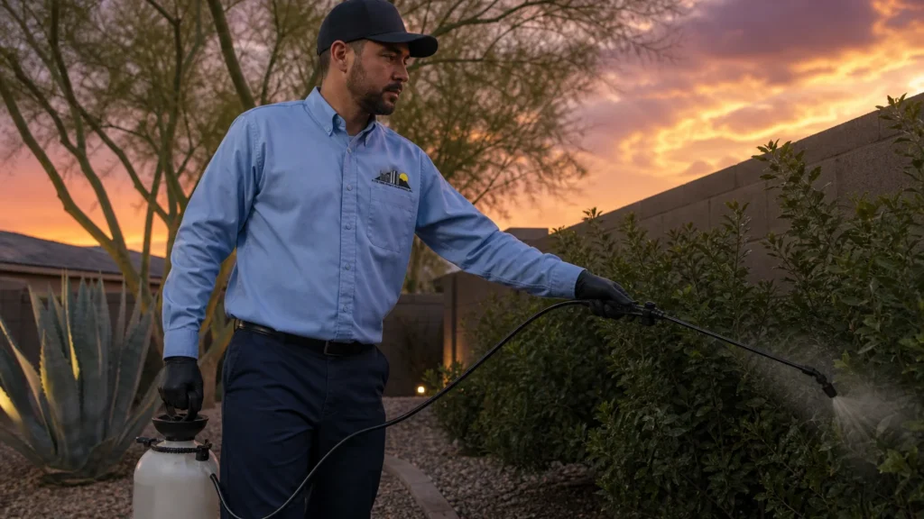 City Wide Pest Control technician applying a barrier mosquito treatment to shrubs along a block wall in a Phoenix backyard at dusk