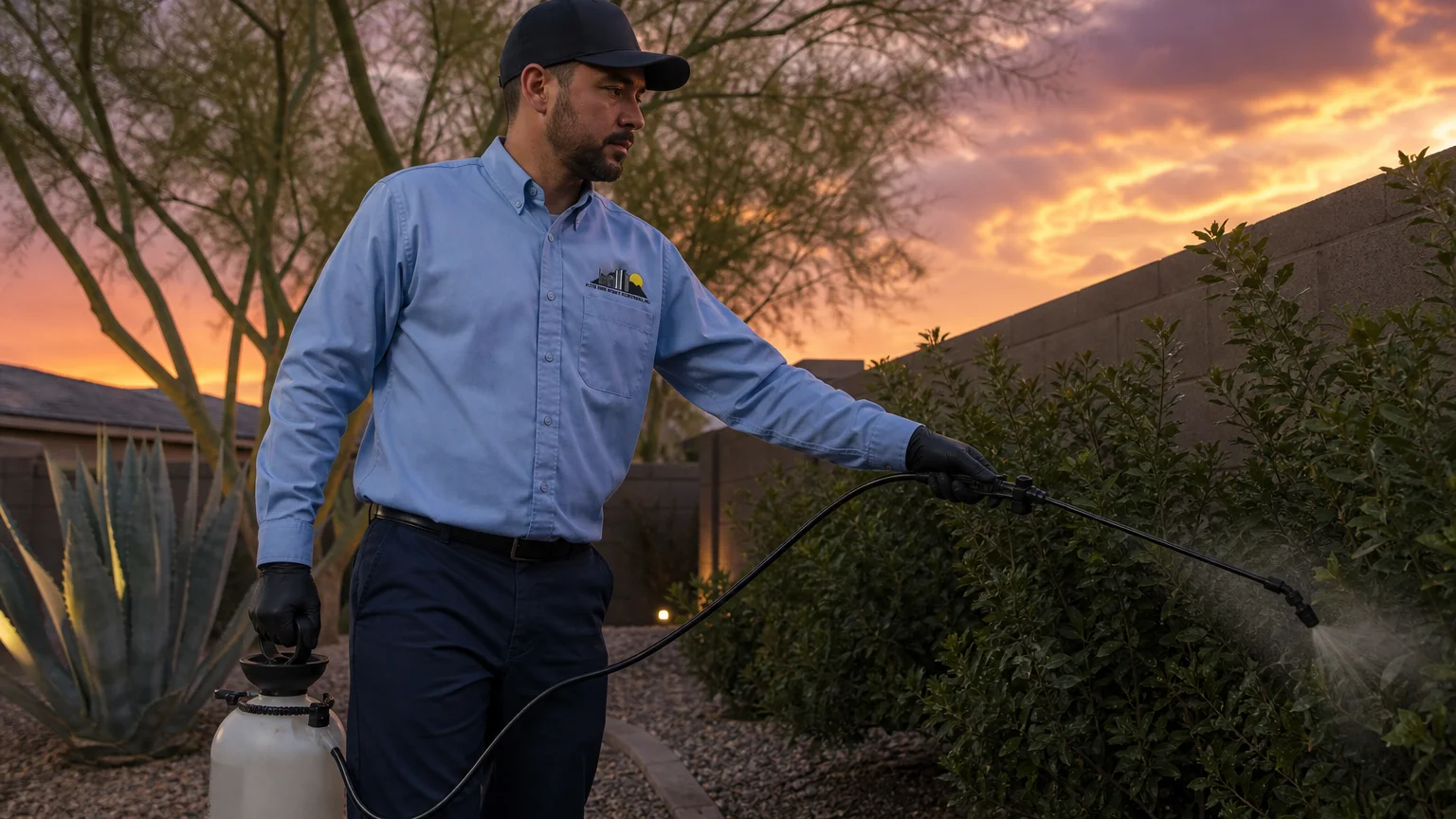 City Wide Pest Control technician applying a barrier mosquito treatment to shrubs along a block wall in a Phoenix backyard at dusk