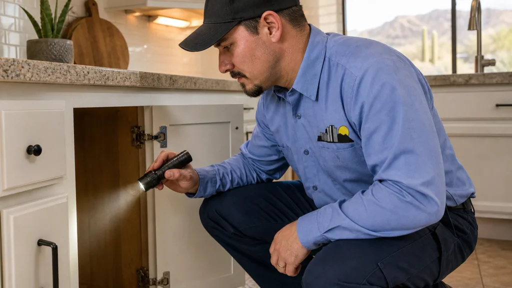 City Wide Pest Control technician checking a kitchen cabinet with a flashlight for roach droppings in a Phoenix home
