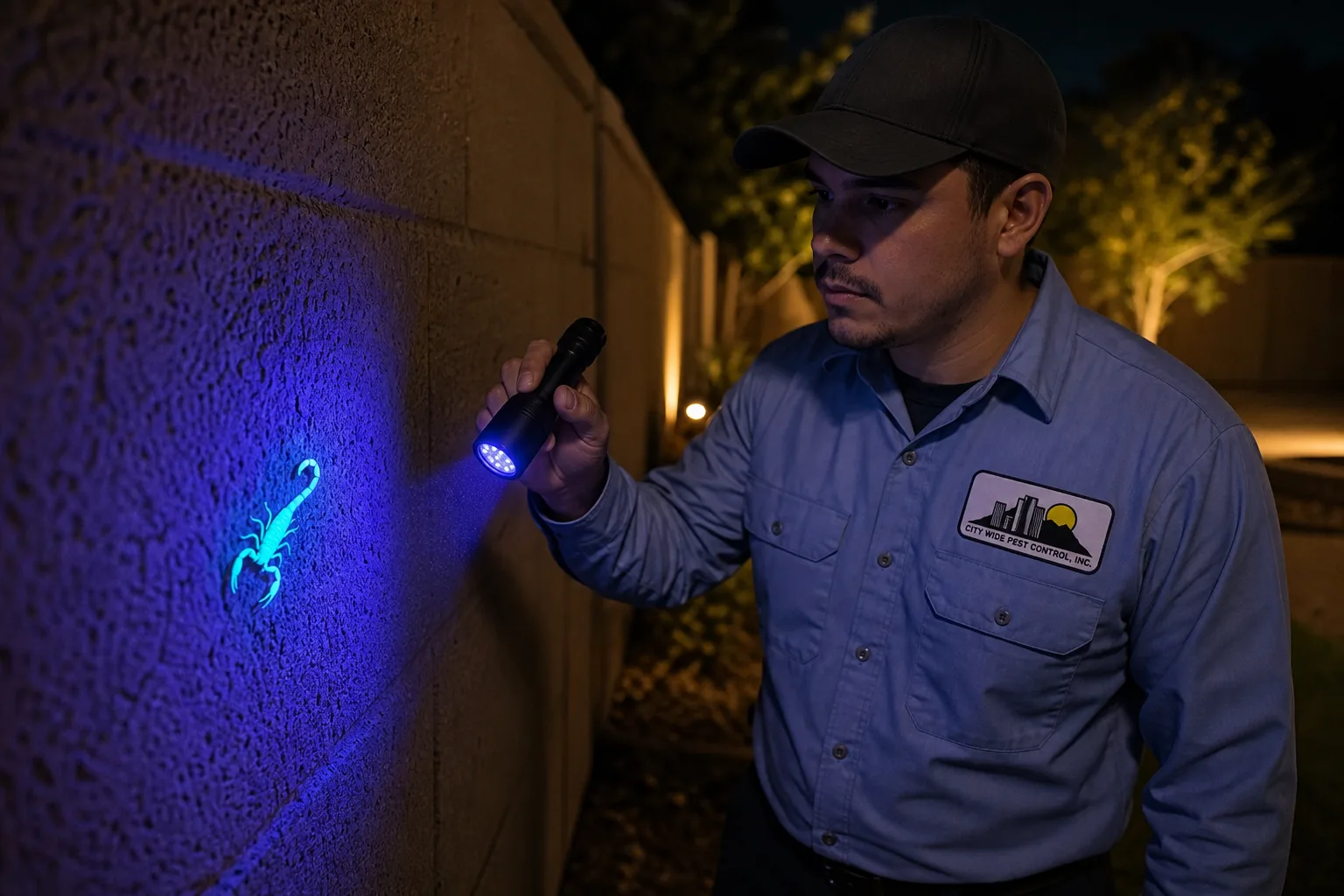 City Wide Pest Control technician sweeping a UV blacklight across a backyard block wall at night while a bark scorpion glows blue green