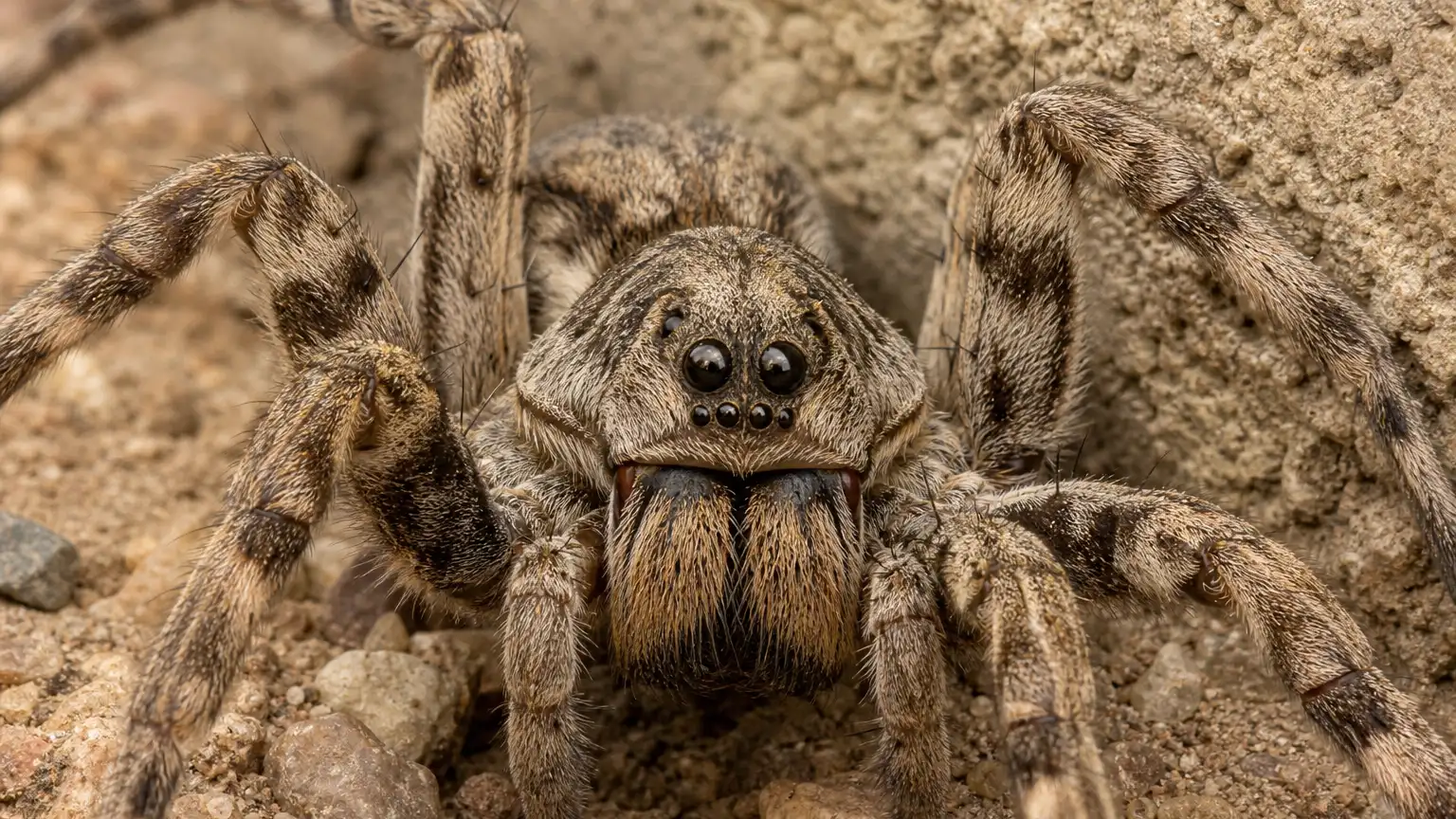 Extreme close-up of an Arizona wolf spider showing all three rows of eyes used to tell it apart from a recluse