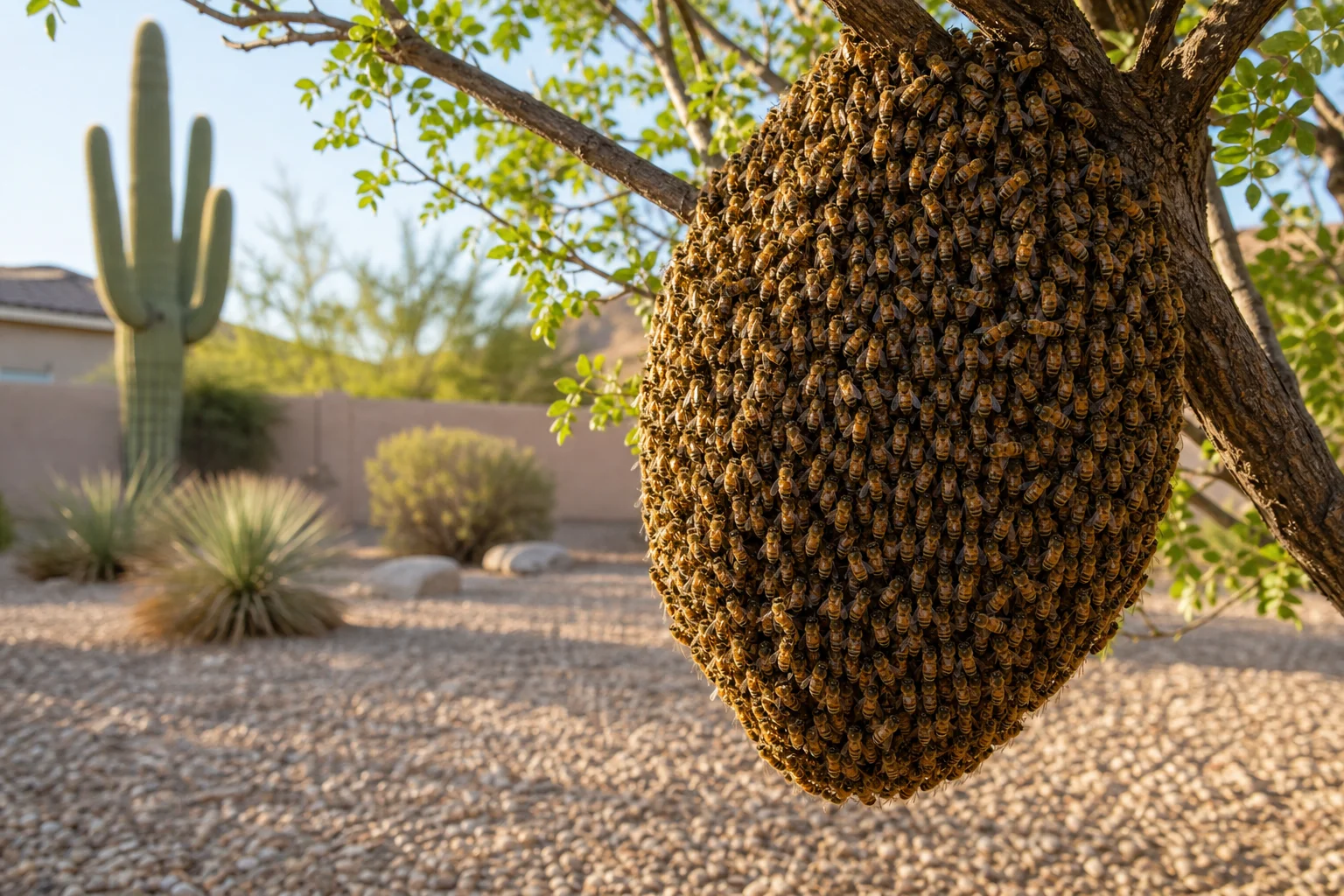 Africanized bees in Arizona swarming on a mesquite tree branch in a Phoenix desert backyard