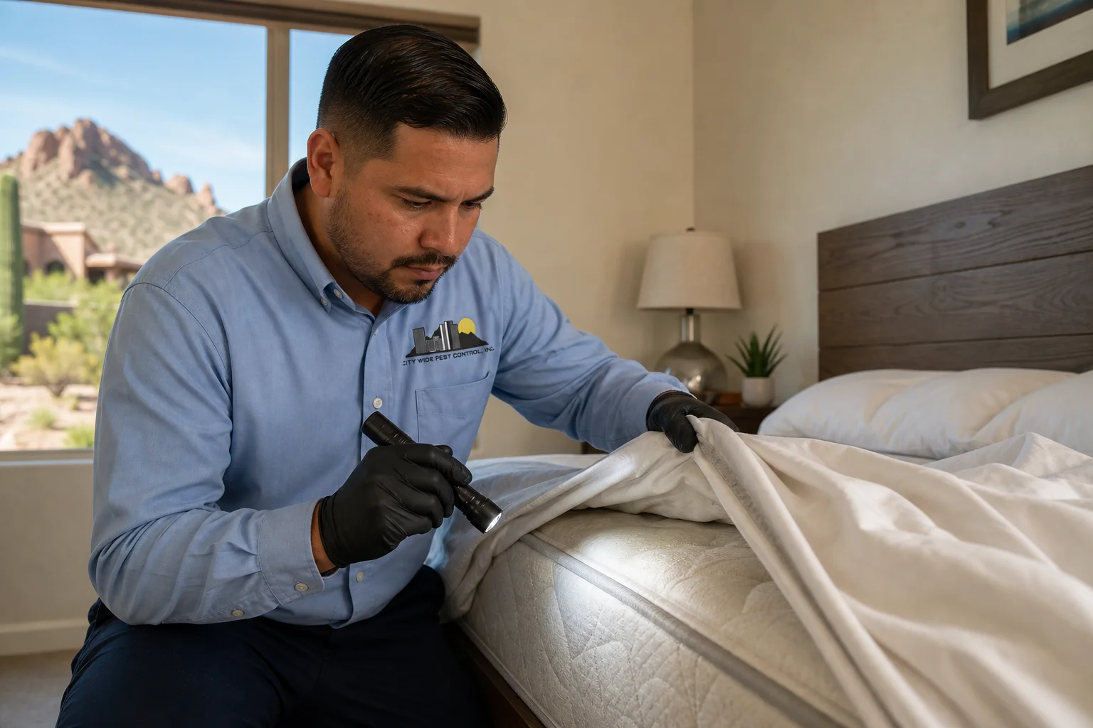 City Wide Pest Control technician checking a mattress seam for early signs of bed bugs in a Phoenix bedroom