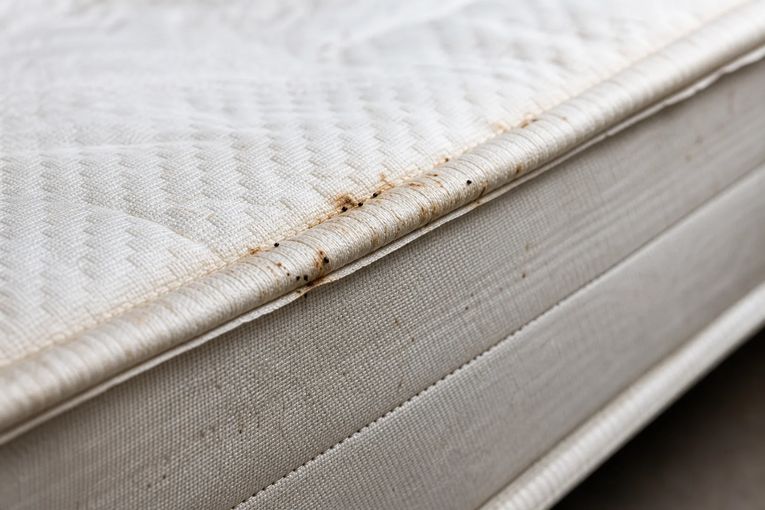 Rust-colored stains and dark droppings along a mattress seam, an early sign of bed bugs