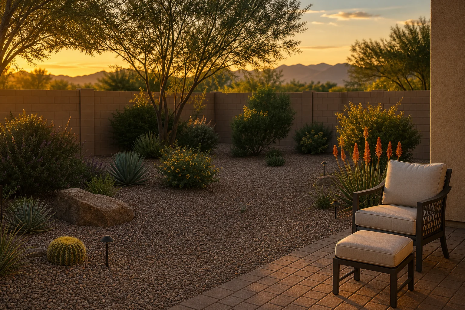 Phoenix backyard with desert landscaping where fleas without pets can enter a home through wildlife activity